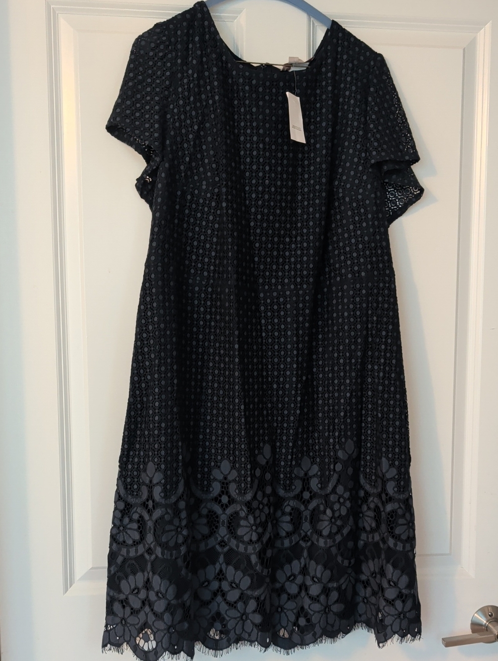 LOFT Navy Eyelet Midi Dress with Floral Hem